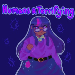 Size: 1440x1440 | Tagged: safe, artist:ariariari.png, imported from derpibooru, twilight sparkle, human, equestria girls, belt, clothes, dark skin, glasses, human coloration, redesign, skirt, solo, song reference, sweater, text