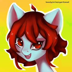 Size: 2000x2000 | Tagged: safe, artist:margaritaenot, imported from derpibooru, oc, oc only, pony, gradient background, red eyes, redhead, smiling, solo