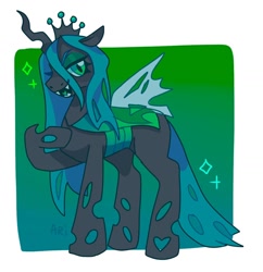 Size: 1282x1326 | Tagged: safe, artist:ariariari.png, imported from derpibooru, queen chrysalis, changeling, changeling queen, concave belly, crown, eyeshadow, fangs, jewelry, makeup, regalia, smiling, solo