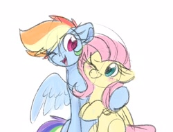 Size: 2162x1660 | Tagged: safe, artist:lbrcloud, imported from derpibooru, fluttershy, rainbow dash, pegasus, pony, blushing, colored sketch, duo, duo female, female, friendship, hug, looking at each other, looking at someone, one eye closed, open mouth, open smile, side hug, simple background, sketch, smiling, smiling at each other, white background