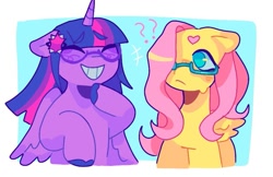 Size: 973x630 | Tagged: safe, artist:ariariari.png, imported from derpibooru, fluttershy, twilight sparkle, alicorn, pegasus, pony, duo, female, glasses, hairclip, laughing, lesbian, question mark, shipping, twilight sparkle (alicorn), twishy