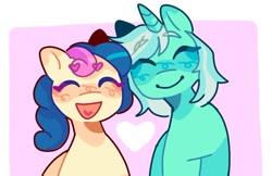 Size: 776x503 | Tagged: safe, artist:ariariari.png, imported from derpibooru, bon bon, lyra heartstrings, sweetie drops, earth pony, pony, unicorn, blushing, duo, female, heart, lesbian, lyrabon, shipping, smiling