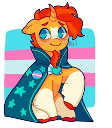 Size: 1151x1317 | Tagged: safe, artist:ariariari.png, imported from derpibooru, sunburst, pony, unicorn, blushing, chin fluff, colored hooves, curved horn, horn, male, pride, pride flag, solo, trans male, transgender, transgender pride flag