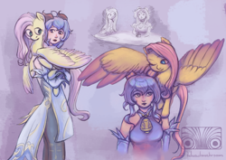 Size: 7016x4961 | Tagged: safe, artist:laura-row, imported from derpibooru, fluttershy, human, pegasus, pony, absurd resolution, crossover, duo, female, ganyu (genshin impact), genshin impact, holding a pony, mare, spread wings, wings