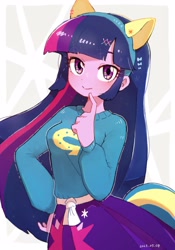 Size: 2100x3000 | Tagged: safe, artist:fuyugi, imported from derpibooru, twilight sparkle, human, equestria girls, equestria girls (movie), breasts, looking at you, solo, wondercolt ears