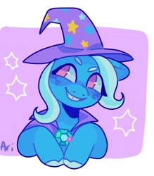 Size: 1208x1377 | Tagged: safe, artist:ariariari.png, imported from derpibooru, trixie, pony, unicorn, clothes, hat, robe, smiling, solo, stars, wizard hat