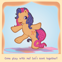 Size: 1197x1197 | Tagged: safe, artist:prixy05, imported from derpibooru, scootaloo, scootaloo (g3), earth pony, pony, blue background, caption, g3, hopscotch (game), scootaloo will show us games to play, simple background, solo, text