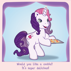 Size: 1197x1197 | Tagged: safe, artist:prixy05, imported from derpibooru, sweetie belle (g3), pony, unicorn, blue background, caption, cookie, cute, food, g3, g3 diasweetes, simple background, solo, text