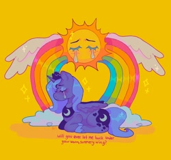 Size: 1440x1348 | Tagged: safe, artist:ariariari.png, imported from derpibooru, princess luna, alicorn, pony, crying, lying down, ponyloaf, prone, rainbow, s1 luna, simple background, solo, sun, text, wings, yellow background