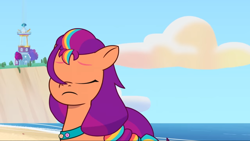 Size: 2160x1215 | Tagged: safe, imported from derpibooru, screencap, sunny starscout, earth pony, pony, spoiler:g5, spoiler:my little pony: tell your tale, spoiler:tyts01e18, about to cry, beach, crystal brighthouse, eyes closed, female, g5, mane stripe sunny, mare, my little pony: tell your tale, on your cutie marks, running, solo, sunny sadscout, upset