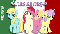 Size: 1280x720 | Tagged: safe, artist:mlpcartel, imported from derpibooru, helia, lily, lily valley, roseluck, sunshine petals, earth pony, pegasus, pony, unicorn, cinco de mayo, female, flower, flower in hair, freckles, looking at you, mare, mexican flag, raised hoof, smiling