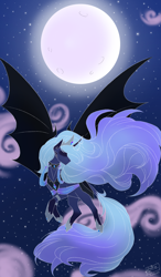Size: 1668x2854 | Tagged: safe, artist:susiebees, imported from derpibooru, nightmare moon, princess luna, alicorn, pony, bat wings, blue mane, blue tail, cloud, crown, curved horn, digital art, eyes closed, female, flowing mane, flowing tail, flying, gem, high res, hoof shoes, horn, jewelry, mare, moonlight, night, peytral, princess of the night, regalia, signature, sky, solo, spread wings, stars, tail, wings