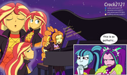 Size: 1280x758 | Tagged: safe, artist:crock2121, imported from derpibooru, adagio dazzle, aria blaze, sonata dusk, sunset shimmer, human, equestria girls, equestria girls series, sunset's backstage pass!, spoiler:eqg series (season 2), aria blaze is not amused, female, geode of empathy, jack black, lesbian, magical geodes, music festival outfit, musical instrument, parody, pathetic, peaches, piano, shipper on deck, shipping, sunsagio, super mario bros., the super mario bros. movie, touched, unamused, varying degrees of amusement