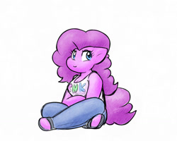Size: 1489x1191 | Tagged: safe, artist:zutcha, imported from derpibooru, pinkie pie, anthro, earth pony, clothes, crossed legs, female, mare, palindrome get, sandals, simple background, sitting, solo, white background