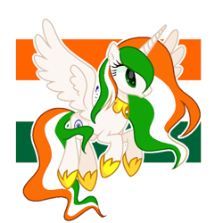 Size: 640x640 | Tagged: safe, artist:diniarvegafinahar, imported from derpibooru, alicorn, pony, female, flying, india, mare, nation ponies, ponified, simple background, solo, white background, wings