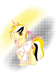 Size: 720x960 | Tagged: safe, artist:diniarvegafinahar, imported from derpibooru, pony, unicorn, brunei, clothes, male, nation ponies, ponified, raised hoof, shirt, simple background, solo, stallion, white background