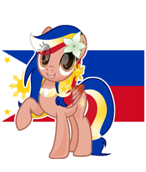 Size: 678x800 | Tagged: safe, artist:diniarvegafinahar, imported from derpibooru, oc, oc only, oc:pearl shine, pegasus, pony, choker, colored wings, female, flag, flower, flower in hair, gradient wings, mare, nation ponies, philippines, ponified, raised hoof, simple background, smiling, solo, stars, white background, wings