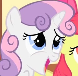 Size: 379x367 | Tagged: safe, edit, edited screencap, imported from derpibooru, screencap, apple bloom, sweetie belle, pony, unicorn, season 1, the cutie mark chronicles, alternate eye color, blue eyes, cropped, female, filly, foal, looking up, solo focus