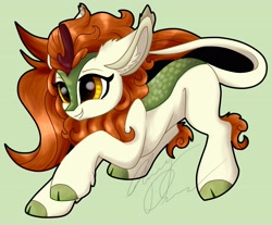 Size: 3435x2841 | Tagged: safe, artist:gleamydreams, imported from derpibooru, autumn blaze, kirin, cloven hooves, ear fluff, female, green background, high res, leonine tail, mare, signature, simple background, smiling, solo, tail