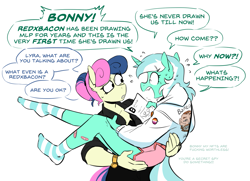 Size: 1465x1061 | Tagged: safe, artist:redxbacon, imported from derpibooru, bon bon, lyra heartstrings, sweetie drops, anthro, earth pony, plantigrade anthro, unicorn, bandage, breaking the fourth wall, bridal carry, carrying, clothes, dialogue, duo, female, hoodie, l.u.l.s., lesbian, lyrabon, nft, panic, pride flag, shipping, simple background, socks, stocking feet, striped socks, vulgar, watch, white background