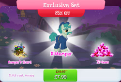 Size: 1268x860 | Tagged: safe, imported from derpibooru, distemper, pony, unicorn, bag, bundle, clothes, compass, costs real money, english, facial hair, fishing rod, gameloft, gem, hat, horn, key, male, mobile game, moustache, my little pony: magic princess, numbers, official, sale, saw, shovel, solo, stallion, telescope, text