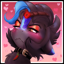 Size: 1030x1027 | Tagged: safe, artist:brainiac, imported from derpibooru, oc, oc only, oc:heccin pepperino, kirin, blushing, chilli, collar, conflicted, cute, cute little fangs, fangs, female, food, gradient background, heart, icon, ocbetes, solo, unsure