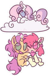 Size: 800x1200 | Tagged: safe, artist:cutiesparke, imported from derpibooru, apple bloom, scootaloo, sweetie belle, pegasus, pony, unicorn, alternate universe, belly, blushing, bow, cloud, coat markings, cutie mark crusaders, ear fluff, excited, eye clipping through hair, female, filly, foal, hair bow, horn, kerchief, lightly watermarked, looking at you, lying down, lying on a cloud, no pupils, on a cloud, pegasus sweetie belle, race swap, simple background, sitting, socks (coat markings), sparking horn, spread wings, teasing, transparent background, trio, unicorn scootaloo, watermark, wings