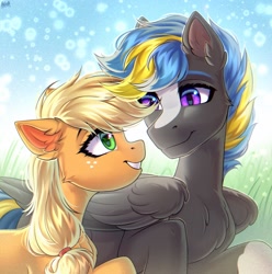 Size: 2800x2820 | Tagged: safe, artist:hakaina, imported from derpibooru, applejack, oc, oc:tornado turbulence, earth pony, pegasus, pony, chest fluff, duo, ear fluff, looking at each other, looking at someone