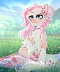 Size: 2500x3000 | Tagged: safe, artist:hakaina, imported from derpibooru, oc, oc only, earth pony, pony, chest fluff, clothes, fence, field, flower, flower field, picnic blanket, socks, solo, striped socks, tree, unshorn fetlocks
