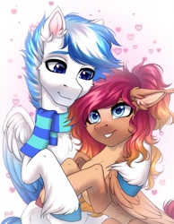 Size: 2100x2700 | Tagged: safe, artist:hakaina, imported from derpibooru, oc, oc only, pegasus, pony, clothes, duo, ear fluff, scarf, striped scarf, unshorn fetlocks