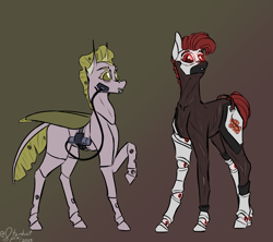Size: 3600x3200 | Tagged: safe, artist:stardustspix, imported from derpibooru, oc, oc only, oc:apocrita, changeling, earth pony, pony, amputee, bags under eyes, black coat, changeling oc, duo, earth pony oc, female, gradient background, mare, pink coat, prosthetic eye, prosthetic limb, prosthetics, raised hoof, red and black oc, red eyes, red mane, scar, sternocleidomastoid, yellow changeling, yellow eyes