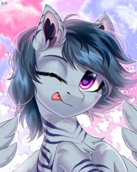 Size: 2000x2500 | Tagged: safe, artist:hakaina, imported from derpibooru, oc, oc only, pegasus, pony, :p, bust, colored ear fluff, ear fluff, ear markings, looking at you, one eye closed, solo, stripes, tongue out