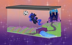 Size: 1920x1200 | Tagged: safe, artist:nootaz, imported from derpibooru, princess luna, alicorn, pony, blushing, bridge, castle, commission, cute, eyes closed, female, flying, gradient background, lunabetes, mare, micro, river, smol, solo, water, ych result