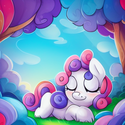 Size: 1024x1024 | Tagged: safe, derpibooru exclusive, imported from derpibooru, sweetie belle, pony, unicorn, ai assisted, ai content, ai generated, blank flank, blushing, cute, diasweetes, eyes closed, female, generator:purplesmart.ai, generator:stable diffusion, lying down, missing horn, prompter:sweetai belle, sleeping, sleepy belle, smiling, solo