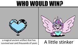Size: 1014x592 | Tagged: safe, artist:balileart, imported from derpibooru, princess flurry heart, alicorn, pony, the crystalling, baby, baby pony, crystal heart, female, filly, foal, grayscale, meme, solo, spread wings, text, who would win, wings