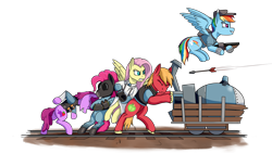 Size: 4000x2250 | Tagged: safe, artist:enteryourponyname, imported from derpibooru, earth pony, pegasus, pony, angry, arrow, clothes, crossover, demoberry, fluttermedic, gas mask, gun, heavy mac, mask, payload cart, pinkie pyro, ponified, pushing, railroad, rainbow scout, shotgun, simple background, team fortress 2, transparent background, weapon