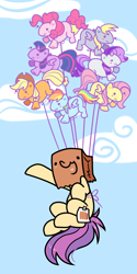 Size: 1000x2000 | Tagged: safe, artist:paperbagpony, imported from derpibooru, applejack, derpy hooves, fluttershy, pinkie pie, rainbow dash, rarity, twilight sparkle, oc, oc:paper bag, pony, balloon, blushing, chibi, cloud, dot eyes, fake cutie mark, sky