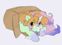 Size: 1160x846 | Tagged: safe, alternate version, artist:damayantiarts, imported from derpibooru, oc, oc only, pony, unicorn, alternate character, animated, blinking, box, colored hooves, ear flick, facial markings, fetlock tuft, gif, lying down, pony in a box, prone, simple background, solo, white background
