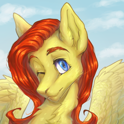 Size: 1600x1600 | Tagged: safe, artist:baobabguy, imported from derpibooru, oc, oc:cordylight, pegasus, pony, bust, looking at you, one eye closed, portrait, solo, spread wings, wings, wink