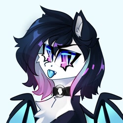 Size: 1500x1500 | Tagged: safe, artist:star_theft, imported from derpibooru, oc, oc only, bat pony, pony, bat pony oc, blue tongue, bust, chest fluff, choker, female, googly eyes, simple background, solo, tongue out, white background