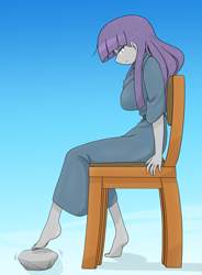 Size: 2089x2842 | Tagged: safe, alternate version, artist:batipin, imported from derpibooru, maud pie, equestria girls, barefoot, breasts, busty maud pie, chair, feet, female, rock, sitting, solo