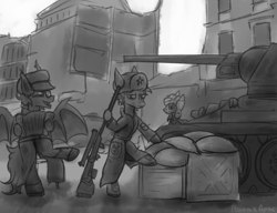 Size: 2925x2250 | Tagged: safe, artist:ashel_aras, imported from derpibooru, bat pony, earth pony, pony, accordion, armor, black and white, box, building, gray background, grayscale, gun, hat, monochrome, musical instrument, rifle, simple background, t-34, tank (vehicle), victory day, weapon, world war ii