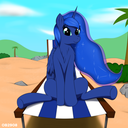 Size: 3500x3500 | Tagged: safe, artist:ob2908, imported from derpibooru, princess luna, alicorn, pony, beach, female, sitting, solo, spread legs, spreading