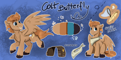 Size: 4492x2250 | Tagged: safe, artist:rutkotka, imported from derpibooru, oc, oc only, butterfly, pony, character design, male, smiling, solo, stallion, woodcarving
