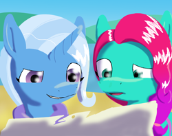 Size: 1280x1012 | Tagged: safe, artist:the crystal artist, derpibooru exclusive, imported from derpibooru, trixie, earth pony, pony, unicorn, beach, cape, clothes, confused, cute, diatrixes, duo, duo female, female, g4, g5, grin, happy, jazz hooves, jazzibetes, lineless, map, mare, one year later, open mouth, redraw, shading, smiling, smirk, trixie's cape, water