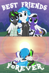 Size: 3327x4970 | Tagged: safe, artist:lightning stripe, derpibooru exclusive, imported from derpibooru, oc, oc only, oc:lightning stripe, oc:snow fury, oc:vortex zero, earth pony, pegasus, pony, unicorn, 2023, black, black and white mane, black coat, black hair, black mane, blue, blue eyes, blue hair, blue mane, buttons, clothes, commission, crying, cute, cuteness overload, eyelashes, female, front view, gradient hooves, green, green eyes, green mane, hoodie, horn, hug, lens flare, lying down, makeup, male, mare, not vinyl scratch, ocbetes, ocean, on side, purple coat, rear view, shirt, show accurate, sitting, sky, socks, stallion, stars, striped socks, stripes, sun, sundog, sunset, tail, tears of joy, text, trio, two toned mane, two toned tail, vector, water, watermark, white, white coat, wholesome, winghug, wings