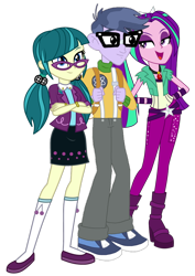 Size: 656x927 | Tagged: safe, artist:kimberlythehedgie, artist:mixiepie, artist:skyfallerart, edit, imported from derpibooru, aria blaze, juniper montage, microchips, equestria girls, movie magic, rainbow rocks, spoiler:eqg specials, ariachips, backpack, boots, clothes, crossed arms, female, gem, glasses, group sex, high heel boots, kneesocks, male, microjuniper, pants, pigtails, shipping, shoes, simple background, siren gem, skirt, smiling, socks, straight, threesome, transparent background, twintails, vector