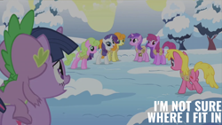 Size: 2000x1125 | Tagged: safe, edit, edited screencap, editor:quoterific, imported from derpibooru, screencap, amethyst star, berry punch, berryshine, carrot top, cherry berry, daisy, flower wishes, golden harvest, rarity, sparkler, spike, twilight sparkle, unicorn, winter wrap up, snow, unicorn twilight, winter wrap up vest