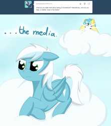 Size: 1280x1446 | Tagged: safe, artist:ask-fleetfoot, imported from derpibooru, fleetfoot, oc, oc:tracy flash, pony, ask-fleetfoot, camera, cloud, floppy ears, lying down, prone