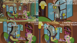 Size: 2000x1125 | Tagged: safe, edit, edited screencap, editor:quoterific, imported from derpibooru, screencap, discord, fluttershy, discordant harmony, fluttershy's cottage (interior)
